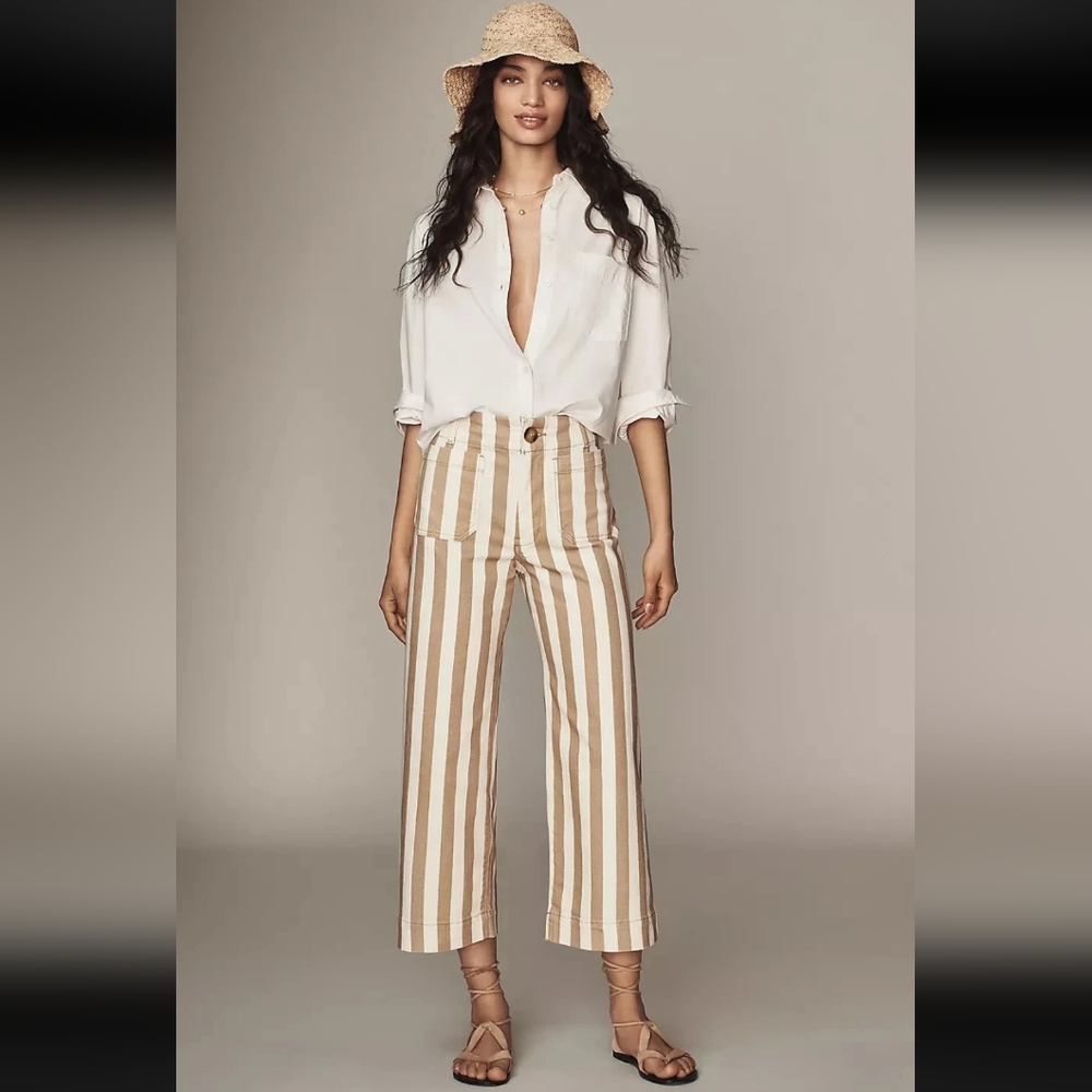 Colette Striped Crop Wide-Leg Jeans Anthropologie Maeve Olive Tan Denim 32 NEW